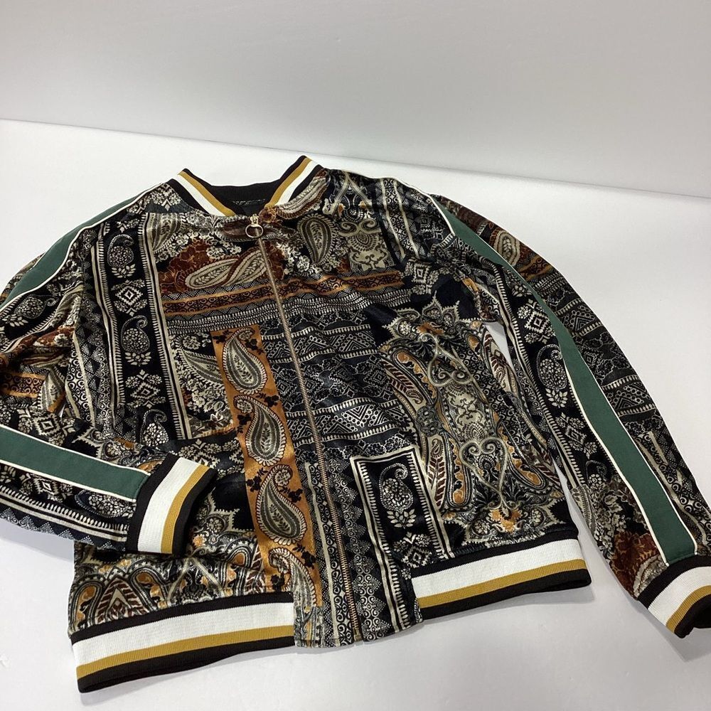 Zara Velour Bomber Track Jacket Size L Green Gold Paisley Stripe Velvet 80s - Picture 11 of 11